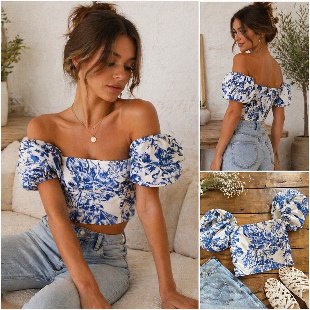 Abercrombie & Fitch Blue Floral Puff Sleeve Crop Top XS Cottagecore Coquette Y2k